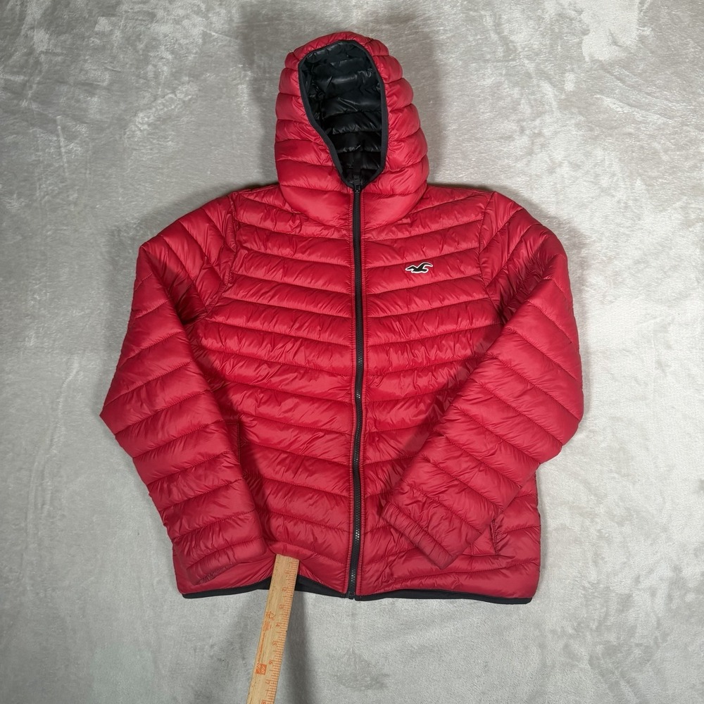 Hollister Puffer Jacket Mens Large Red Hooded Recycled Fill Full Zip Logo L
